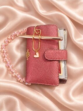 Coach Rose Red Card Wallet with Gold Heart Charm